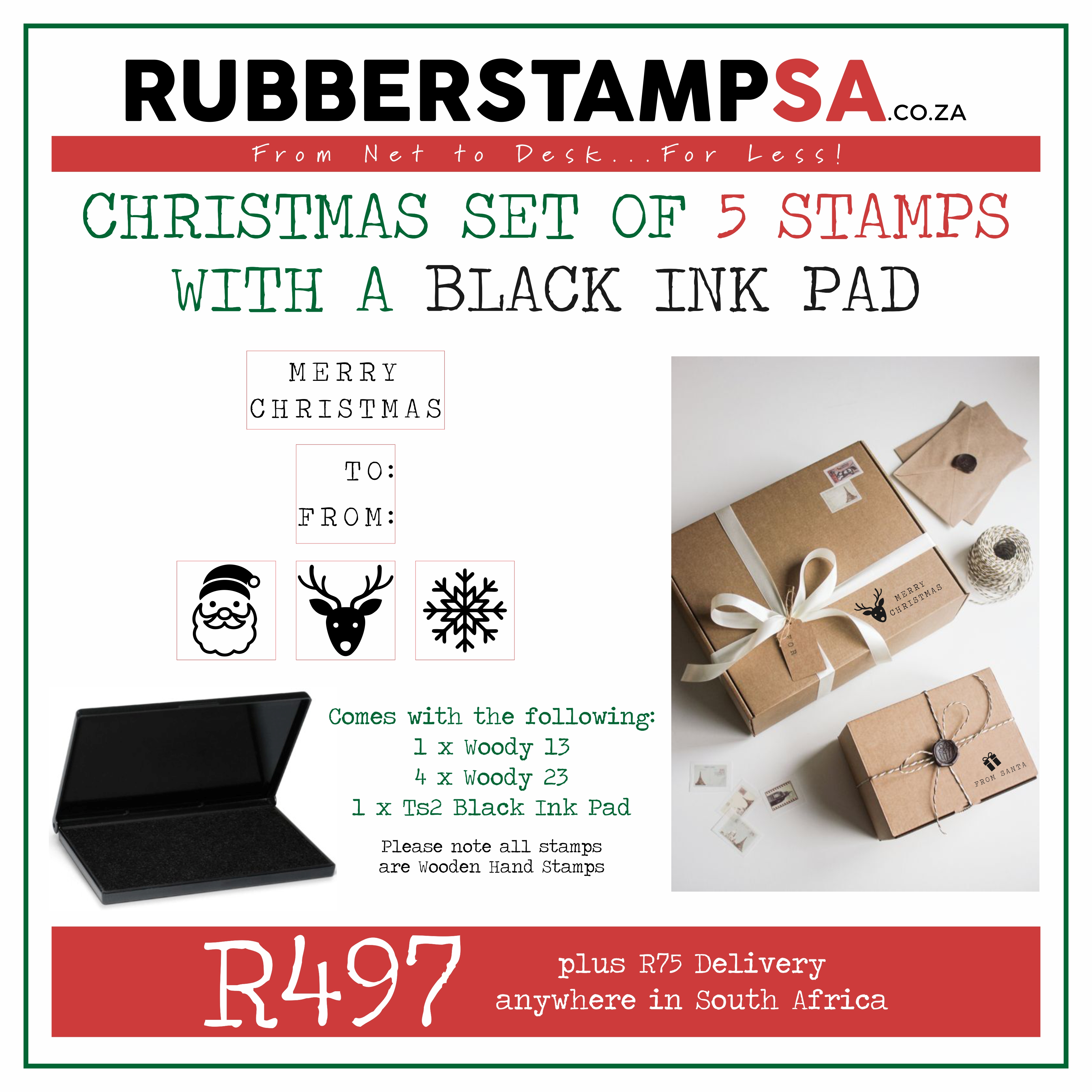 CHRISTMAS SET OF 5 STAMPS WITH A BLACK INK PAD